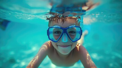 Naklejka premium Underwater Discovery: Smiling Child with Diving Gear