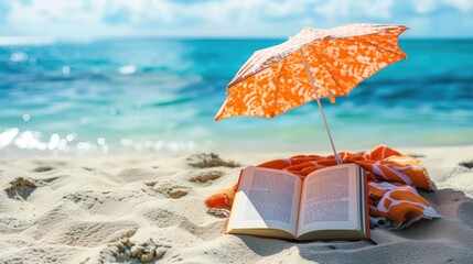 Peaceful Beach Setup: Umbrella, Towel, and Book