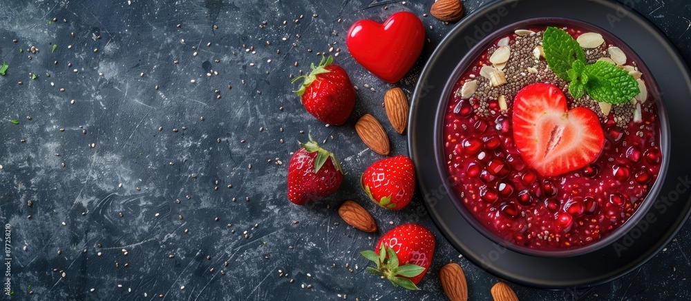 Poster valentine s day breakfast idea chia pudding with red berry puree almonds and heart shaped strawberry