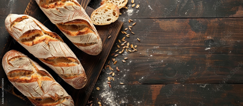 Leinwandbilder fresh slices of homemade baguette on a dark wooden board with whole grain and a wooden background in