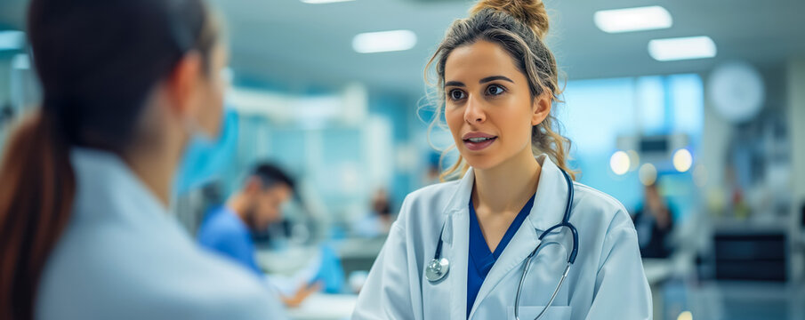 Doctors standing in corridor of hospital and discussing with colleagues. Healthcare and medicine concept.
