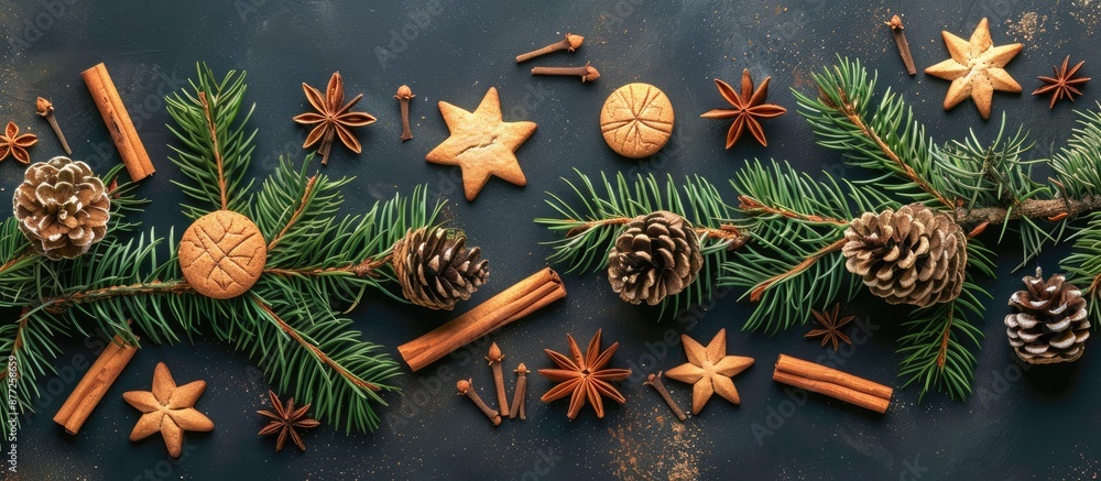 Poster top view of a christmas themed arrangement featuring fir branches pine cones cookies cinnamon sticks