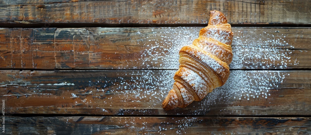 Poster A single croissant dusted with powdered sugar on a rustic wooden surface with space for your text in the image Seen from above. with copy space image. Place for adding text or design