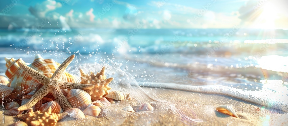 Poster summer vacation scene with starfish shells and a picturesque shore in a beach setting with copy spac