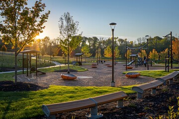 Naklejka premium Empowerment Oasis: Suburban Park for Strength Training, Group Learning, and Mindset Development in a Warm Community Environment