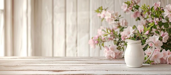 Fototapeta premium White wooden table with a dainty jug of cream beside rose rhododendron flowers in a high key setting creating a backdrop with ample copy space image