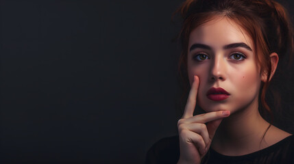 Mysterious Woman with Finger on Lips Silencing Secrets