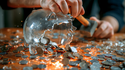 Broken piggy bank surrounded by coins and money
, Finance failed