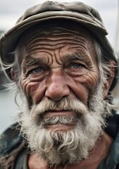 Portrait of a seasoned fisherman, with weathered skin, deep wrinkles, and a piercing gaze.