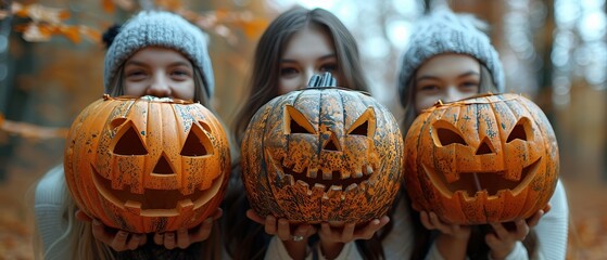 A photo of people holding Halloween masks, celebrating the spooky season. Close-up shot with a bright background to highlight the fun and excitement of Halloween.
