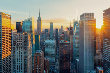Naklejka premium Cityscape with skyscrapers at sunrise, featuring golden light and urban architecture.