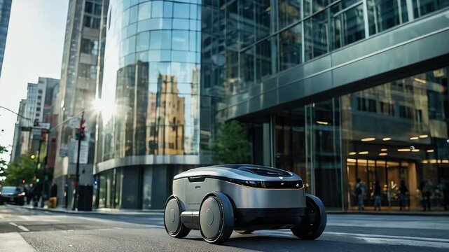 An autonomous delivery robot navigates along the street independently showcasing advanced automation. Generated with Ai