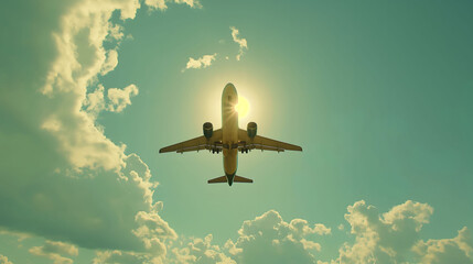 Fototapeta premium Airplane Silhouetted Against the Sun in a Clear Blue Sky