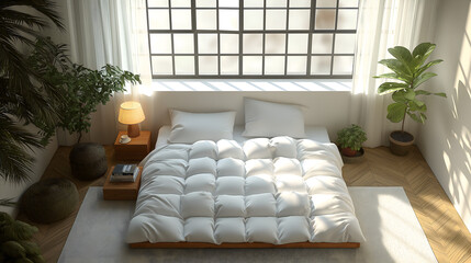 Modern Bedroom Interior with Sunlight Casting Shadows on Wall