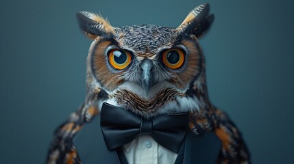 Owl wearing a suit and bow tie
