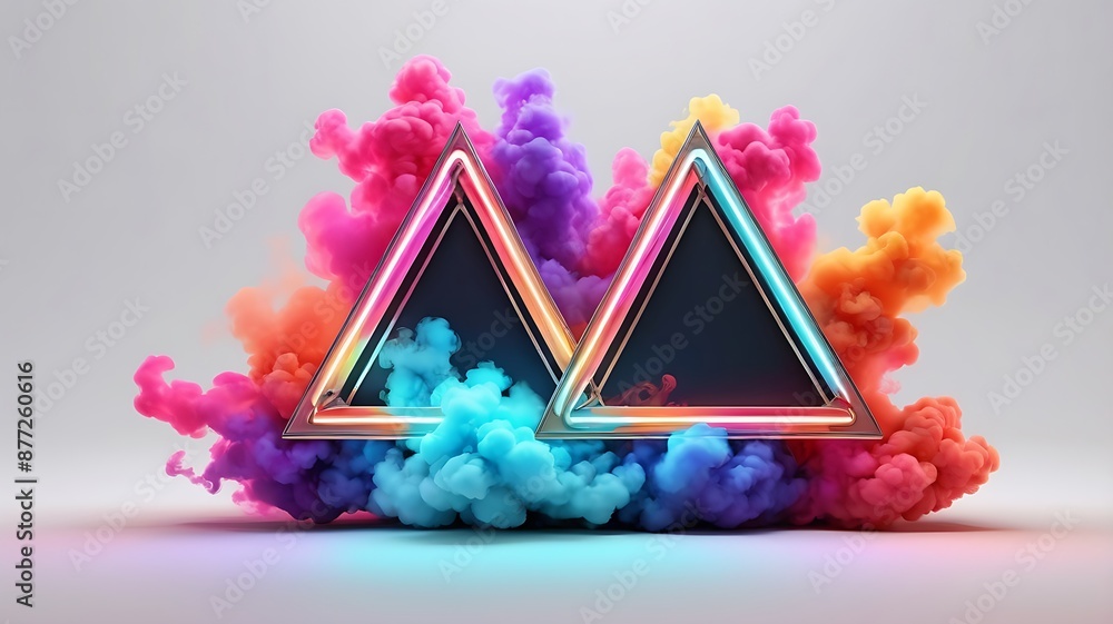 Poster a colorful triangle is surrounded by smoke colorful, abstract background triangle neon frame