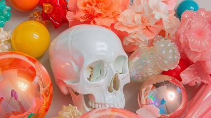 A vibrant and eclectic assortment of objects There are iridescent flowers shiny spheres abstract shapes and a reflective skull The objects vary in size color and texture and they seem to be floating o