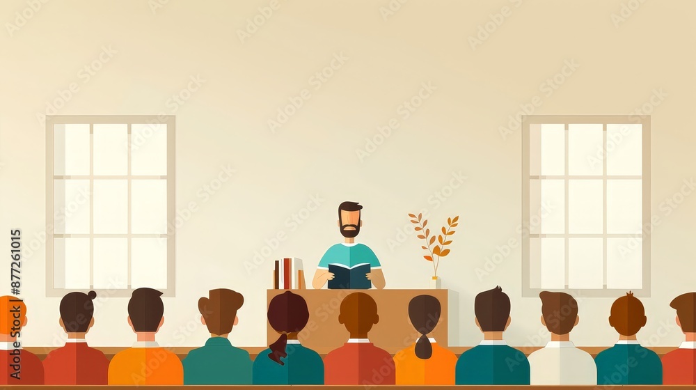 Poster engaging science lecture in classroom - minimalist 2d flat illustration with depth of field