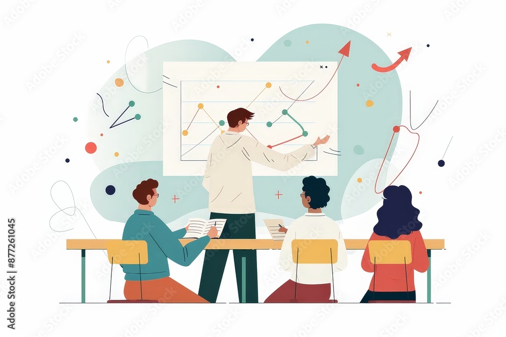 Poster simplistic 2d illustration of students engaged in science lecture with teacher explaining diagram in