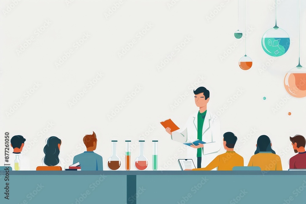 Poster modern 2d flat illustration of engaging science class with students taking notes and teacher explain