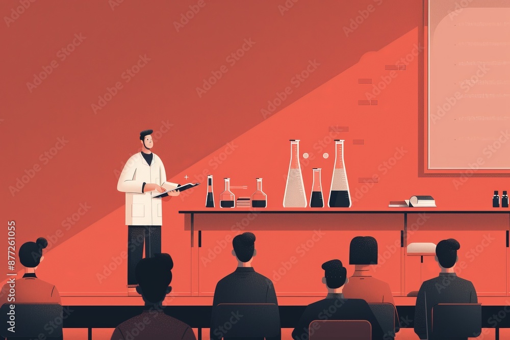 Poster modern vector illustration of teacher giving science lecture to students in classroom with deep focu