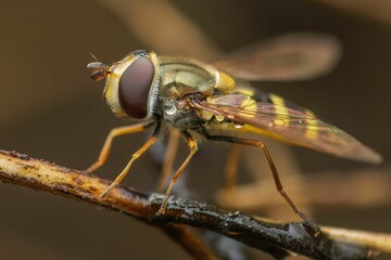 Close-up macro shot of a hoverfly perched on a twig with a blurred background. Mexico