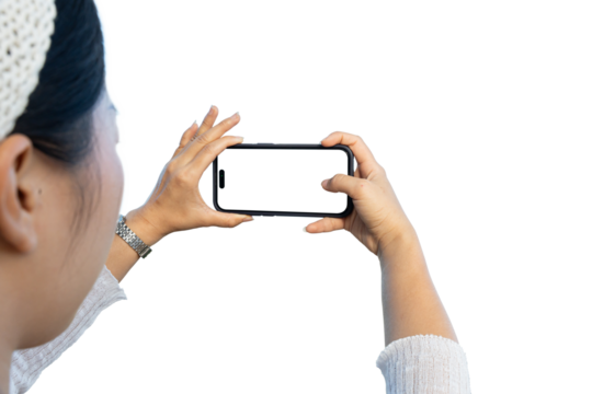 Female holding smartphone to take photo isolated on transparent background. Mobile blank screen for mockup, png file