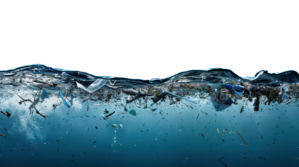 plastic bottles and debris floating in the ocean on a transparent background..