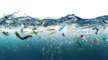 plastic bottles and debris floating in the ocean on a transparent background..
