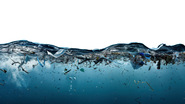plastic bottles and debris floating in the ocean on a transparent background..