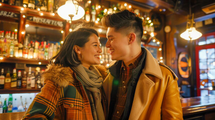 Fototapeta premium Romantic Couple Enjoying Drinks in a Cozy Pub