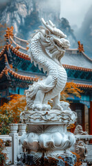 Fototapeta premium Majestic White Dragon Statue at a Chinese Temple