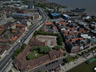 Obraz premium aerial view of A63 Castle Street dual carriageway road improvements, Kingston upon Hull 