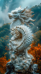 Fototapeta premium Mystical Dragon Statue in Misty Mountain Landscape