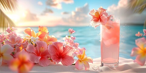 Refreshing Tropical Drink with Hibiscus Flowers on a Sandy Beach at Sunset