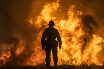 Fototapeta premium Silhouette of Firefighter Against Roaring Flames