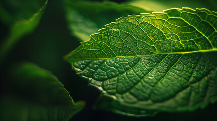 A close shot of a green leaf, showing its unique texture and natural patterns. The macro details of the leaf focus attention on its beauty and complex structure.