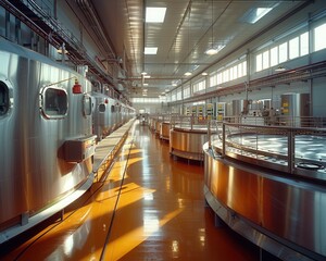 Fototapeta premium Modern Dairy Processing Plant with Stainless Steel Tanks and Pasteurizing Machinery