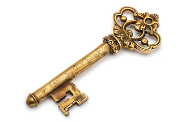 Vintage Ornate Golden Key Isolated on White Background