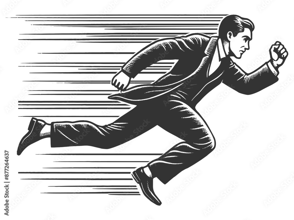 Poster businessman in a suit running with speed lines, urgency and determination sketch engraving generativ