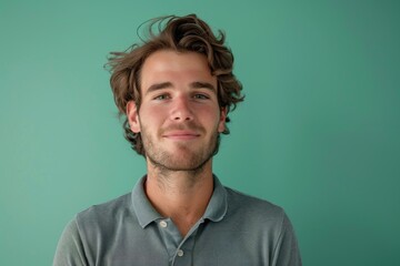 Fototapeta premium Portrait of a blissful caucasian man in his 20s donning a classy polo shirt while standing against solid color backdrop