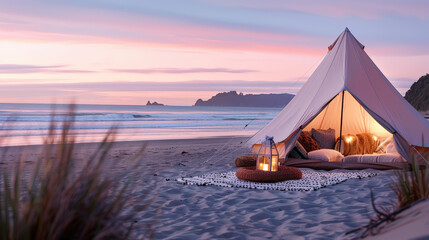tente spacieuse et confortable installée sur la plage avec tapis coussins et lanterne