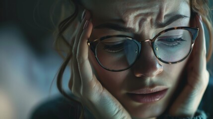 Fototapeta premium Close up of exhausted woman massaging head, feeling dizziness or headache.