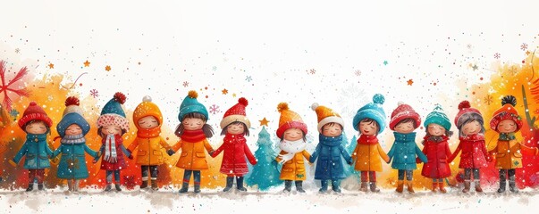 Cute Cartoon of children dressing up in festive holiday costumes, colorful background, holiday preparations, medium shot