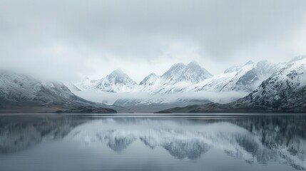 majestic snowcapped mountains shrouded in misty clouds their jagged peaks piercing a pale winter sky a serene alpine lake reflects the ethereal scene creating a mirrorlike surface