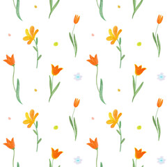 Seamless watercolor pattern - orange tulips and yellow meadow flowers.