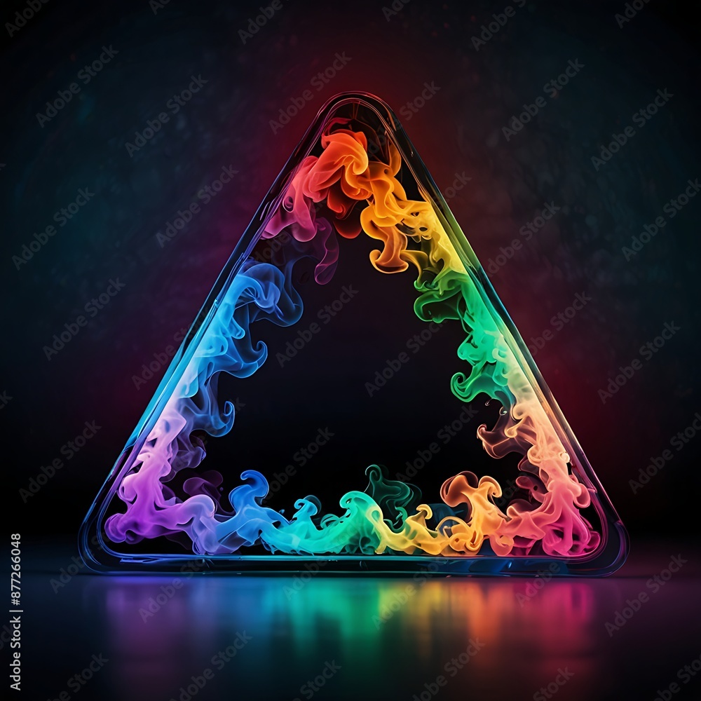 Poster a colorful triangle is surrounded by smoke colorful, abstract background triangle neon frame