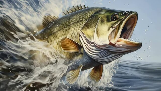 A large mouth bass leaps from the water, capturing its moment in mid-air