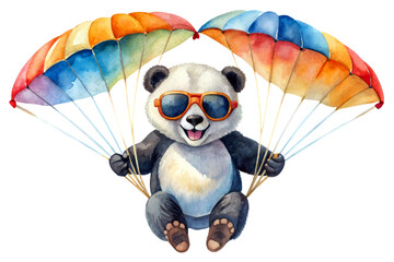 Obraz premium Watercolor panda parasailing with colorful parachutes, wearing sunglasses, engaging in a thrilling activity. Summer Panda isolated on a Transparent background.