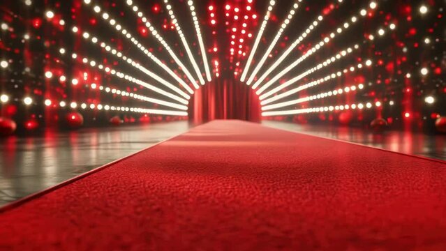 A red carpet with bright lights in the background
